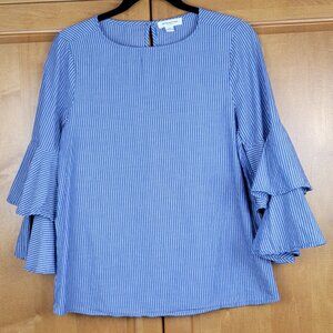 beachlunchlounge Tiered Bell Sleeve Blue & White Striped Popover Blouse - S